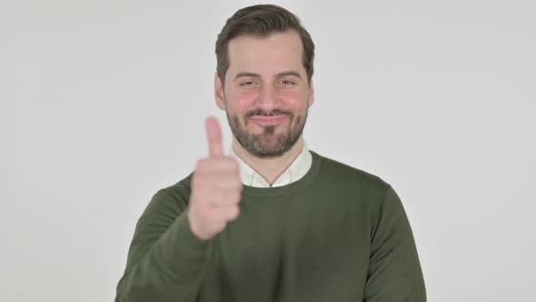 Portrait of Man Showing Thumbs Up Sign  White Screen