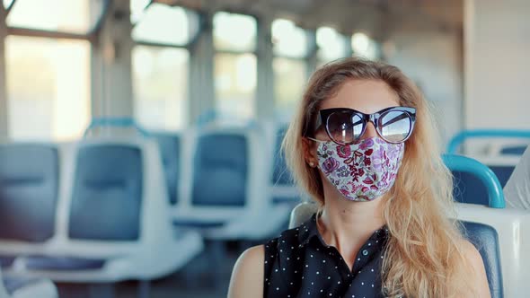 Woman In Mask Protection Epidemic Coronavirus On Public Transport Station.Woman Wearing Face Mask