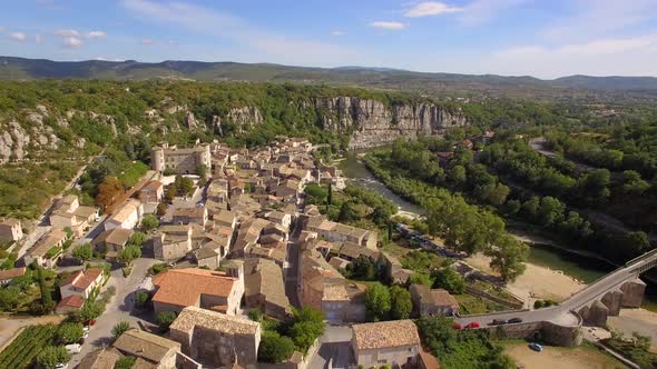 Aerial travel drone view of Balazuc, Southern France.