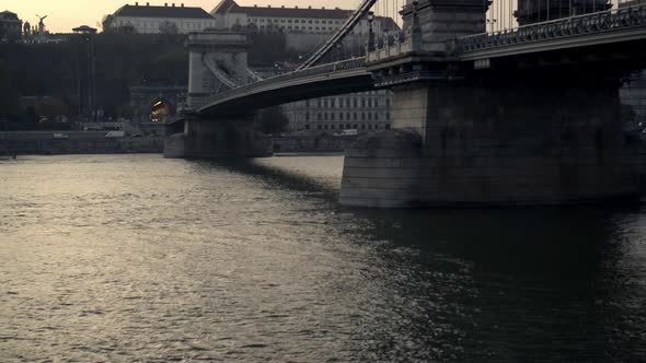 Tilt Up Middle Shot of Chain Bridge During Sunset in Budapest