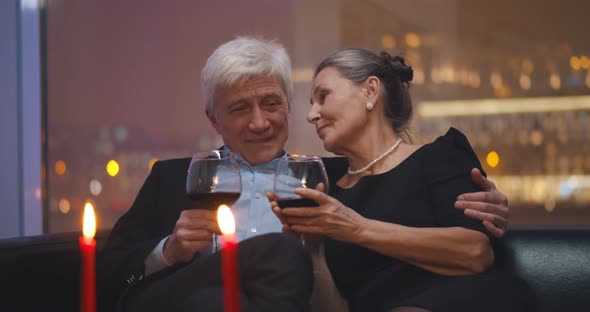 Senior Husband and Wife Drinking Red Wine Relaxing on Couch in Restaurant