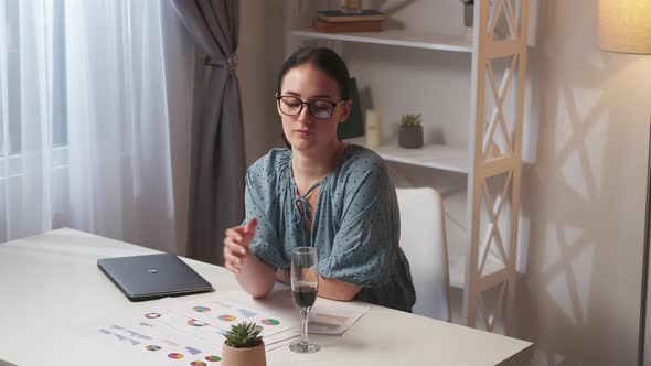 Work Fatigue Tired Woman Drinking Wine Workplace