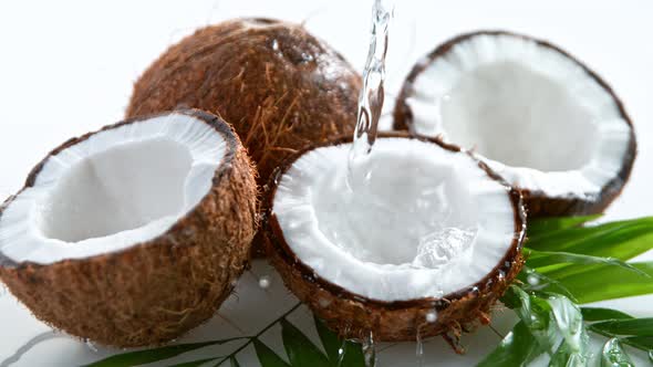 Super Slow Motion Shot of Pouring Water on Fresh Coconut at 1000Fps