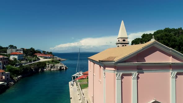 Aerial view of SV. Antuna catholic church at Veli Losinj bay, Croatia.