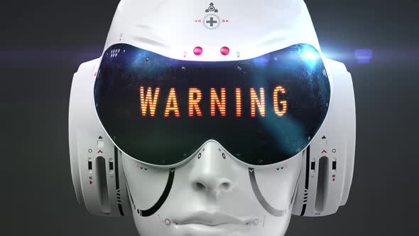 artificial Intelligence. sci fi robot head close-up. the inscription "warning"