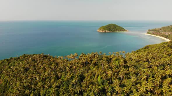 Aerial Drone View Small Koh Ma Island, Ko Phangan Thailand. Exotic Coast Panoramic Landscape, Mae