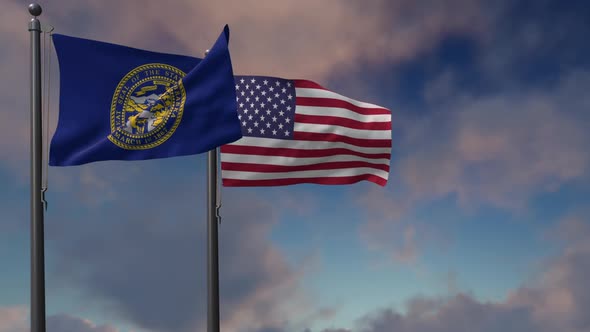 Nebraska State Flag Waving Along With The National Flag Of The USA - 2K