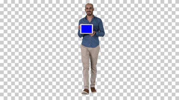 Arab Man Walking and Showing Tablet Presenting Something Alpha