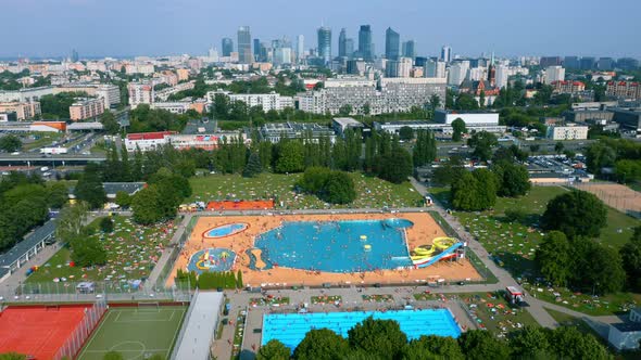 Aerial View of Open Air Swimming Pool in City of Warsaw Poland