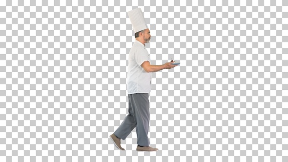 Male pastry chef walking fast with dessert, Alpha Channel