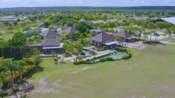 Aerial drone flight showing famous Equestrian Center Stables at Cap Cana during summer - Cap cana,Do