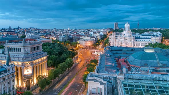 Madrid Day to Night Timelapse Beautiful Panorama Aerial View of Madrid Post Palacio Comunicaciones