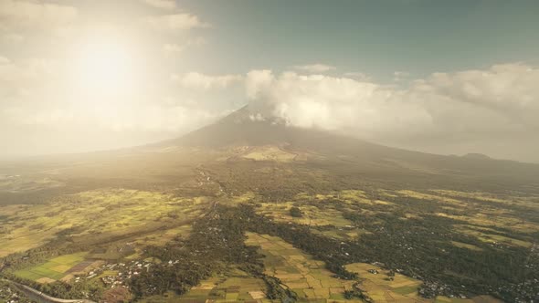 Tropic Sun Farmlands at Green Volcano Hillside Valley Aerial