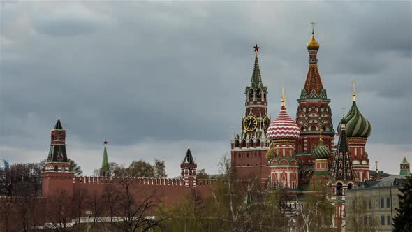 Sunset view of Saint Basil Cathedral and Spasskaya Tower on Red Square. Moscow