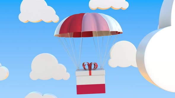 Box with National Flag of Poland Falls with a Parachute