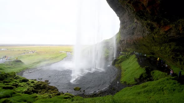 Seljalandsfoss Waterfalls and Mountains in Summer Season Iceland Slow Motion