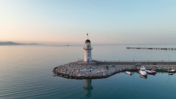 Lighthouse in Sunrıse moment aerial view Turkey Alanya 4 K