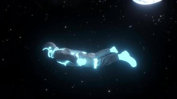 Astronaut with Neon Lights in Dark Space