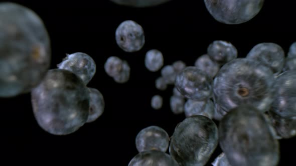 Super Slow Motion Detail Shot of Flying and Rotating Fresh Blueberries at 1000Fps