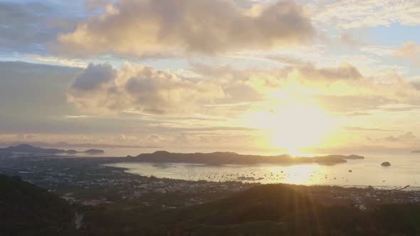 Aerial View Bright Sunrise Above Archipelago Phuket.