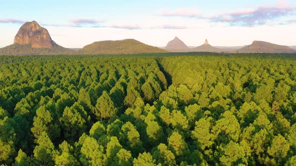 Aerial view of the Glass House Mountains, Queensland, Australia.