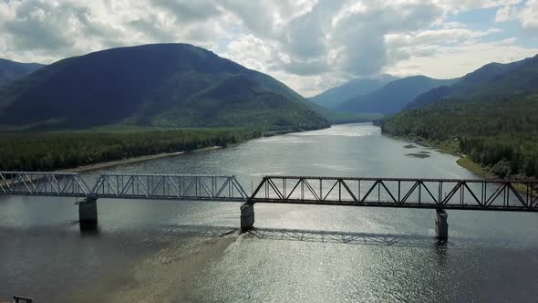 Kuandinsky Bridge Over the Vitim River, Located on the Border of Zabaikalsky Region Aerial Shot