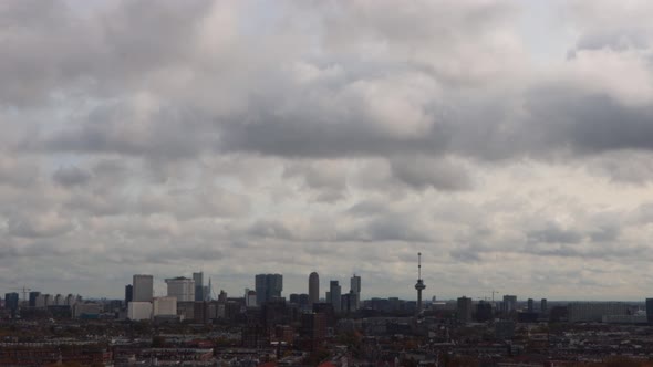 Wide shot of skyline of Rotterdam, the Netherlands on a cloudy day