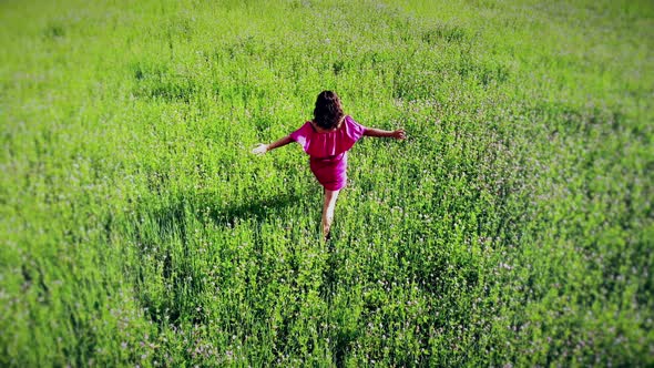 Woman in Red Sexy Dress Walking By Green Field, Raise Up Hands, Happy Inspirational Freedom Concept