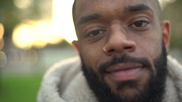 Closeup Slowmotion Attractive Bearded Africanamerican Looking Deep Thoughtful Camera Starting Smile