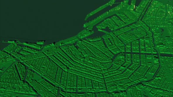 3D city model on map with houses colored green dynamic architectural animation.