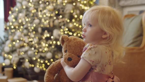 Little Girl Playing with Bear Toy on Christmas