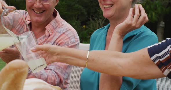 Animation of diverse happy senior female and male friends eating lunch in garden