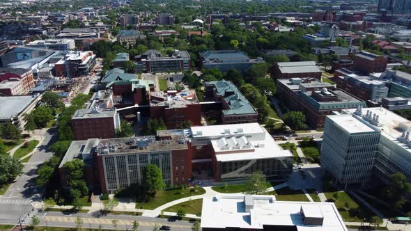 Ohio State University flyover of the north campus.  aerial drone.