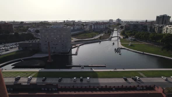 Pull back shot of Aveiro cityscape in portugal during the day