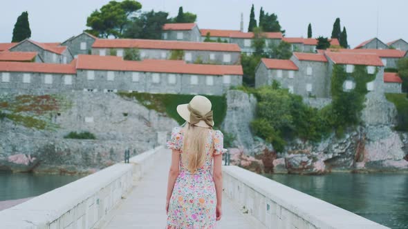 Visiting Old European City Laid on Water Attractive Woman Walking Slowly