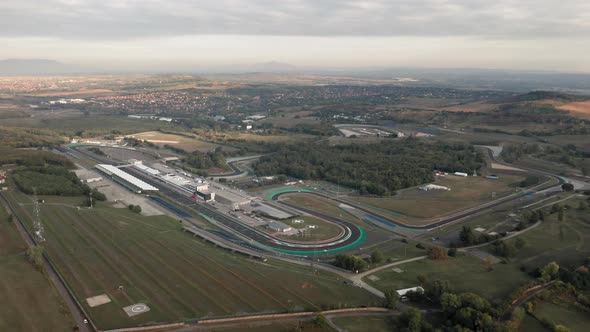 Aerial view of complete Hungaroring race track, overview of the circuit, paddock