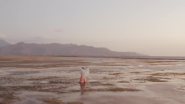 Drone View of Beautiful Woman Moving Hands As Wings Standing on Windy Beach