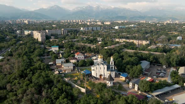 Aerial View of the Church Near Lake Sairan in Almaty Kazakhstan