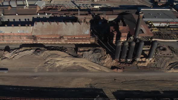 High altitude aerial of old steel mill before it is demolished in Pueblo,Colorado.  Rusty hulk of a