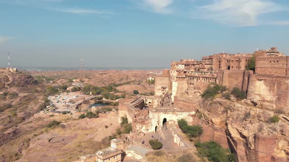 Aerial along the walls of Mehrangarh fort, Jodhpur, Rajasthan, India