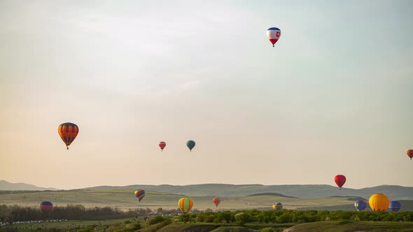 Beautiful Rocky Landscape of Crimea with Colorful Hotair Balloons Balloons Flying on Sunset HDR Time
