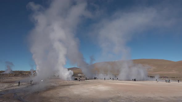 Chile. Atacama Desert. Valley of geysers. El Tatio geysers steaming