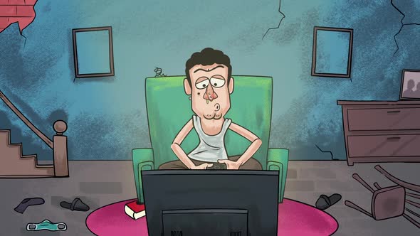 Lazy Man Playing Computer Game in His Room