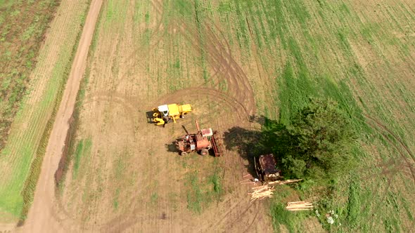 Harvesters Stand on Wide Field Between Tree and Road Aerial