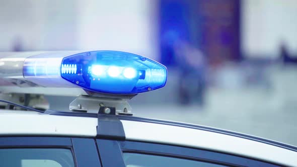 Flashing Flasher on the Roof of a Police Car. Blinker. Close-up.