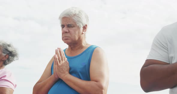 Happy senior diverse people practicing yoga in garden at retirement home