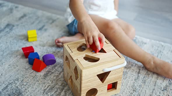 Cute Caucasian Little Girl Playing on the Floor at Home with Eco Wooden Toys