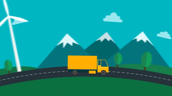 Colorful, cartoon of a yellow truck on a highway. Seamless, endless, loopable.