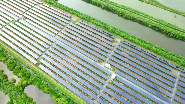 Aerial Top View of Solar Farm. drone footage. 4k
