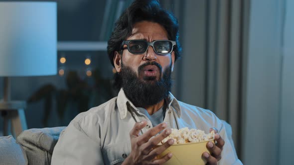 Portrait Arabic Indian Bearded Man in 3d Glasses Watching Scary Horror Movie Shock Surprise Disgust